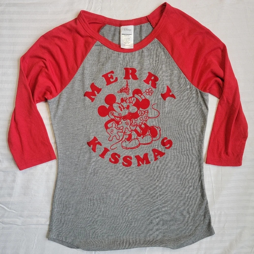 Disney Merry Kissmas Mickey Minnie Raglan Sleeve Jr M Shirt